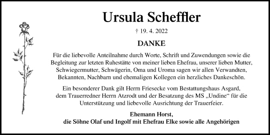 Traueranzeige von Ursula Scheffler von Ostsee-Zeitung GmbH