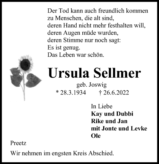 Traueranzeige von Ursula Sellmer von Kieler Nachrichten