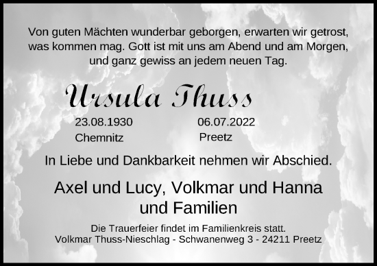 Traueranzeige von Ursula Thuss von Hannoversche Allgemeine Zeitung/Neue Presse