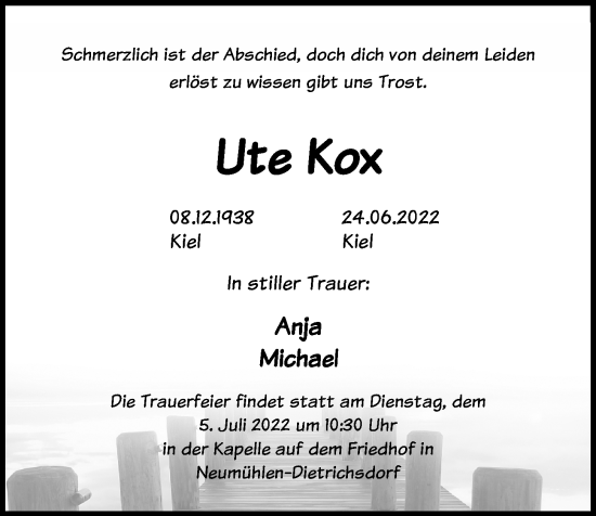 Traueranzeige von Ute Kox von Kieler Nachrichten