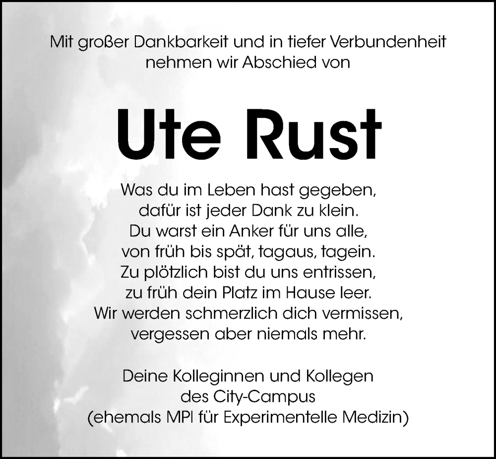  Traueranzeige für Ute Rust vom 30.07.2022 aus Göttinger Tageblatt
