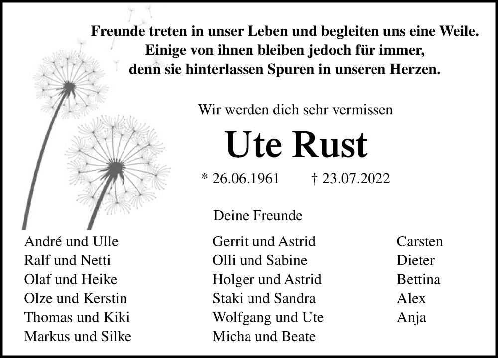  Traueranzeige für Ute Rust vom 30.07.2022 aus Göttinger Tageblatt