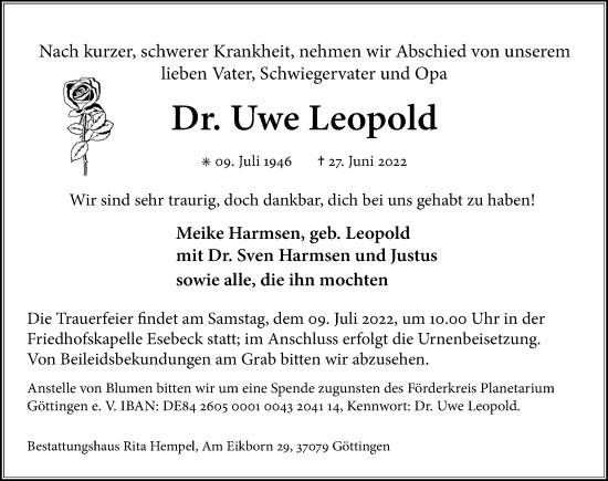 Traueranzeige von Uwe Leopold von Göttinger Tageblatt