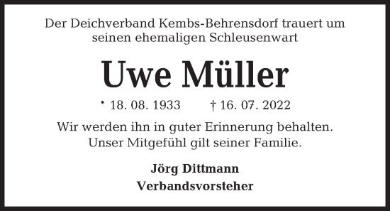 Traueranzeige von Uwe Müller von Kieler Nachrichten