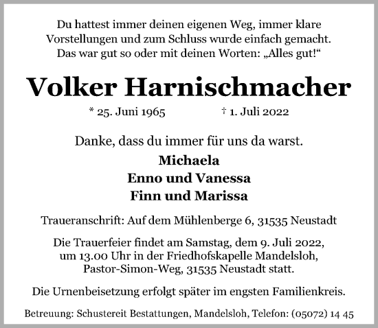 Traueranzeige von Volker Harnischmacher von Hannoversche Allgemeine Zeitung/Neue Presse