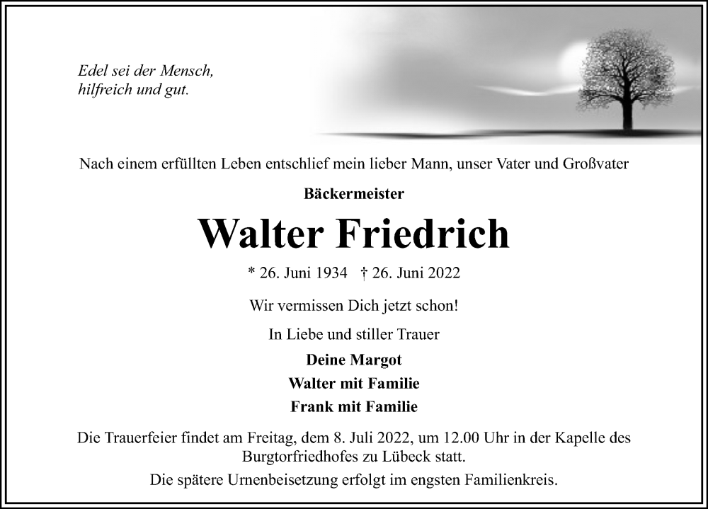 Traueranzeige für Walter Friedrich vom 03.07.2022 aus Lübecker Nachrichten