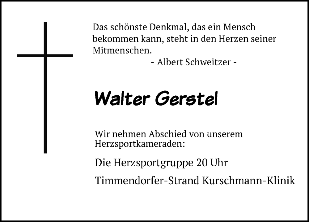  Traueranzeige für Walter Gerstel vom 24.07.2022 aus Lübecker Nachrichten