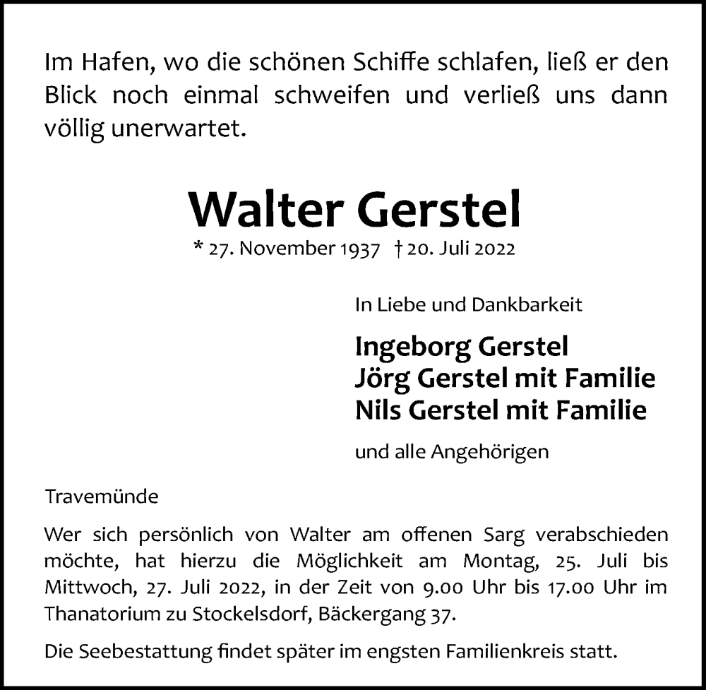  Traueranzeige für Walter Gerstel vom 24.07.2022 aus Lübecker Nachrichten