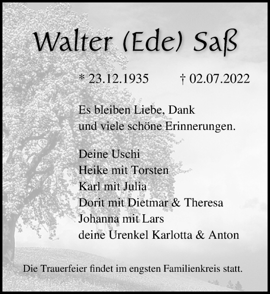 Traueranzeige von Walter Saß von Ostsee-Zeitung GmbH