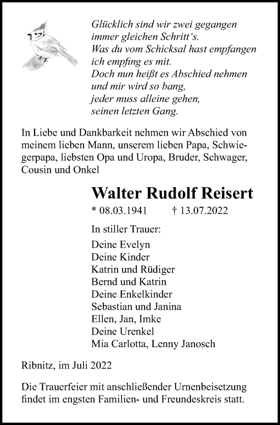 Traueranzeige von Walter Rudolf Reisert von Ostsee-Zeitung GmbH