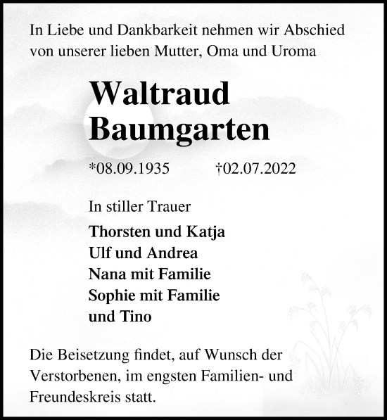 Traueranzeige von Waltraud Baumgarten von Ostsee-Zeitung GmbH