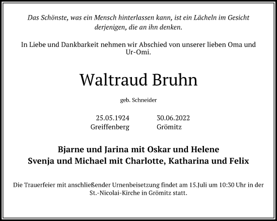 Traueranzeige von Waltraud Bruhn von Lübecker Nachrichten