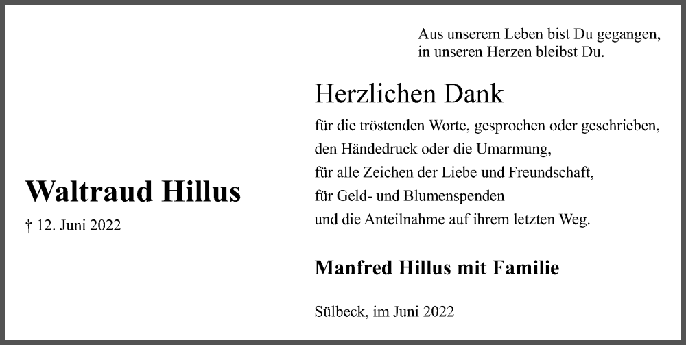  Traueranzeige für Waltraud Hillus vom 02.07.2022 aus Schaumburger Nachrichten