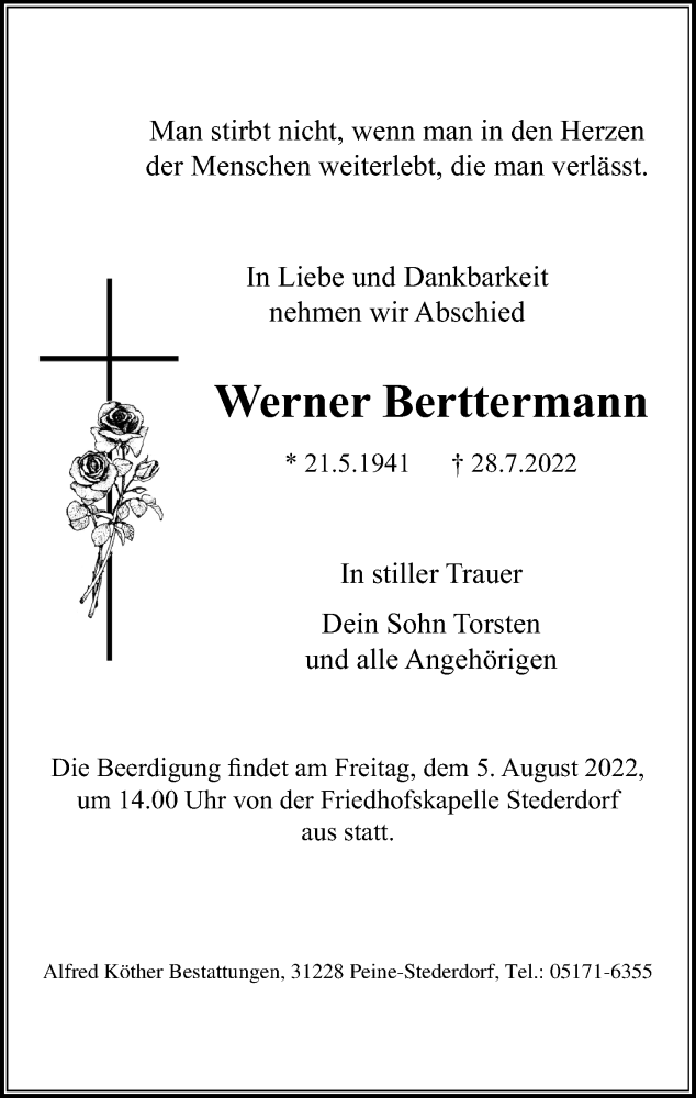  Traueranzeige für Werner Berttermann vom 30.07.2022 aus Peiner Allgemeine Zeitung