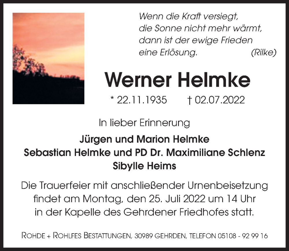  Traueranzeige für Werner Helmke vom 16.07.2022 aus Hannoversche Allgemeine Zeitung/Neue Presse