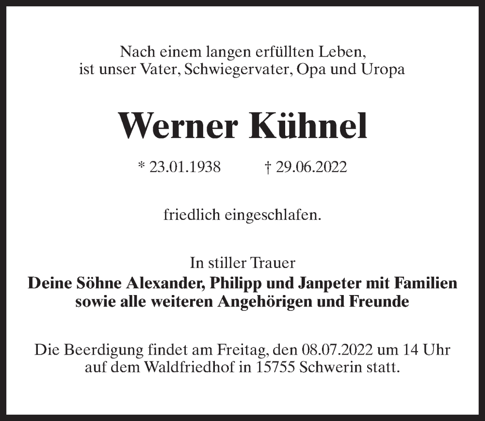  Traueranzeige für Werner Kühnel vom 02.07.2022 aus Märkischen Allgemeine Zeitung