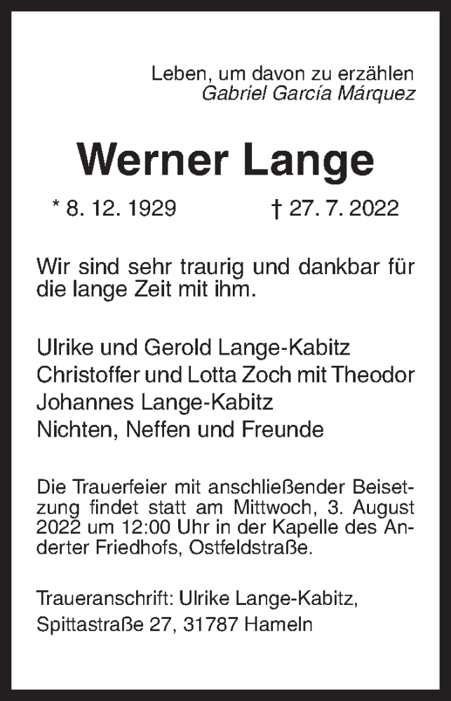  Traueranzeige für Werner Lange vom 30.07.2022 aus Hannoversche Allgemeine Zeitung/Neue Presse