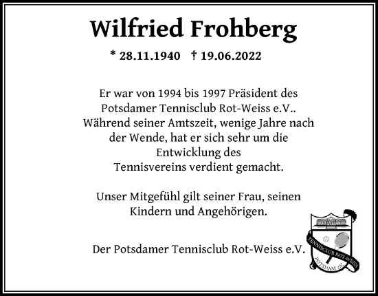 Traueranzeige von Wilfried Frohberg von Märkischen Allgemeine Zeitung