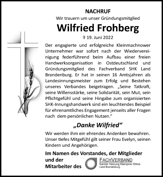 Traueranzeige von Wilfried Frohberg von Märkischen Allgemeine Zeitung