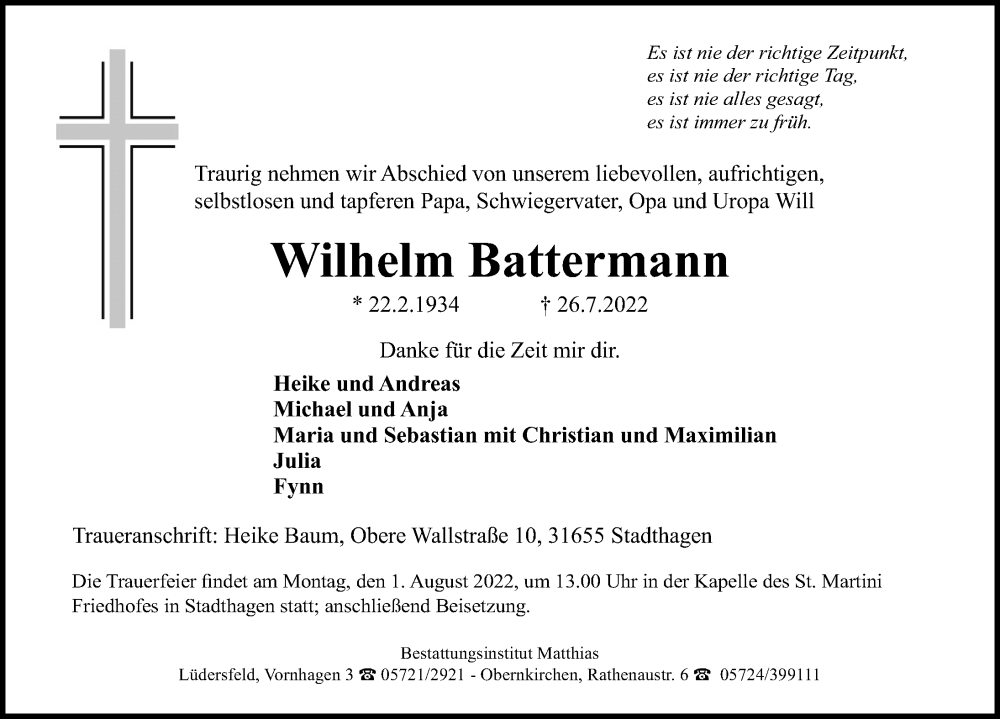  Traueranzeige für Wilhelm BAttermann vom 30.07.2022 aus Schaumburger Nachrichten