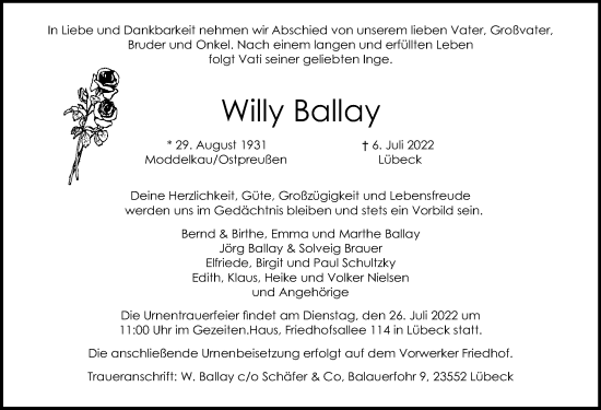 Traueranzeige von Willy Ballay von Lübecker Nachrichten
