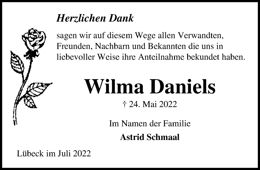  Traueranzeige für Wilma Daniels vom 03.07.2022 aus Lübecker Nachrichten