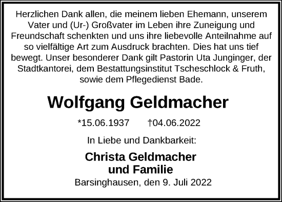 Traueranzeige von Wolfgang Geldmacher von Hannoversche Allgemeine Zeitung/Neue Presse