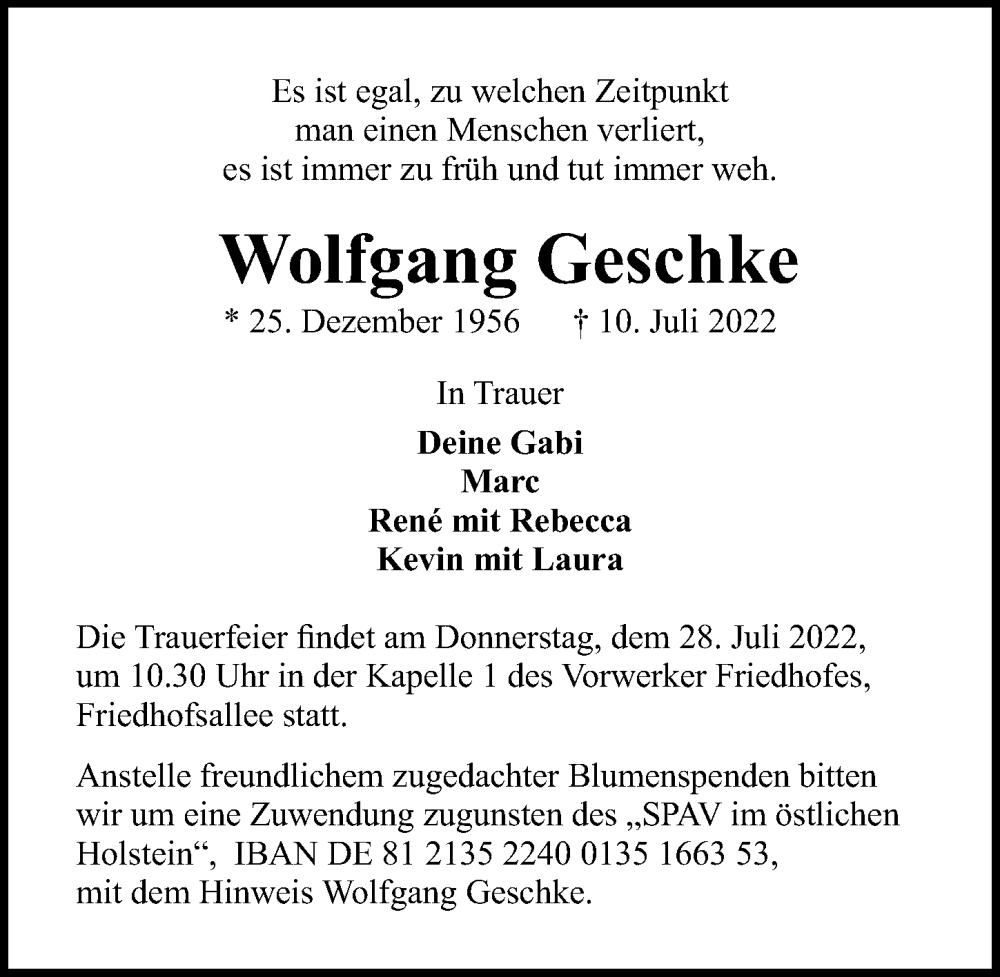  Traueranzeige für Wolfgang Geschke vom 24.07.2022 aus Lübecker Nachrichten