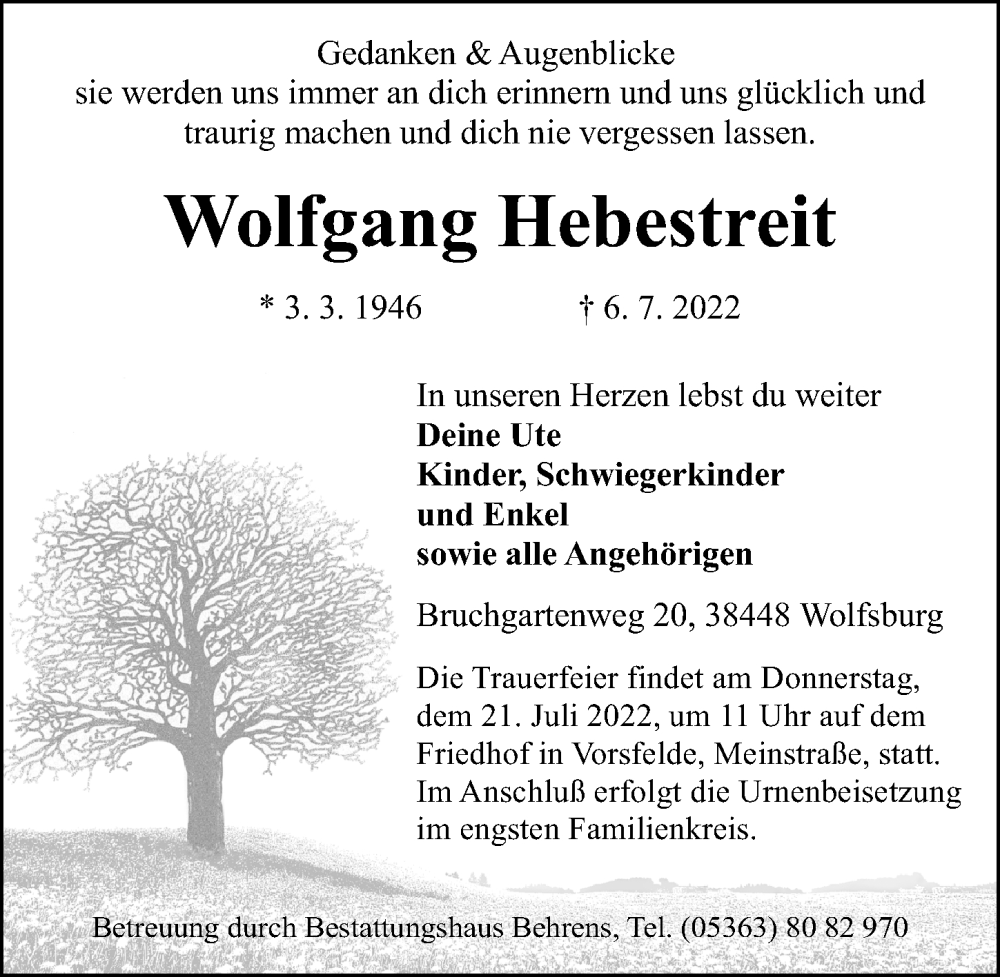  Traueranzeige für Wolfgang Hebestreit vom 16.07.2022 aus Aller Zeitung