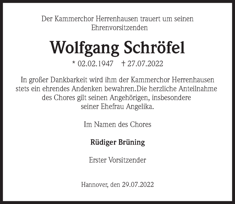  Traueranzeige für Wolfgang Schröfel vom 30.07.2022 aus Hannoversche Allgemeine Zeitung/Neue Presse