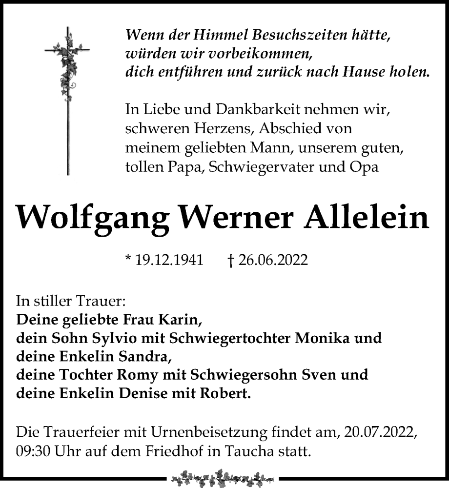  Traueranzeige für Wolfgang Werner Allelein vom 02.07.2022 aus Leipziger Volkszeitung