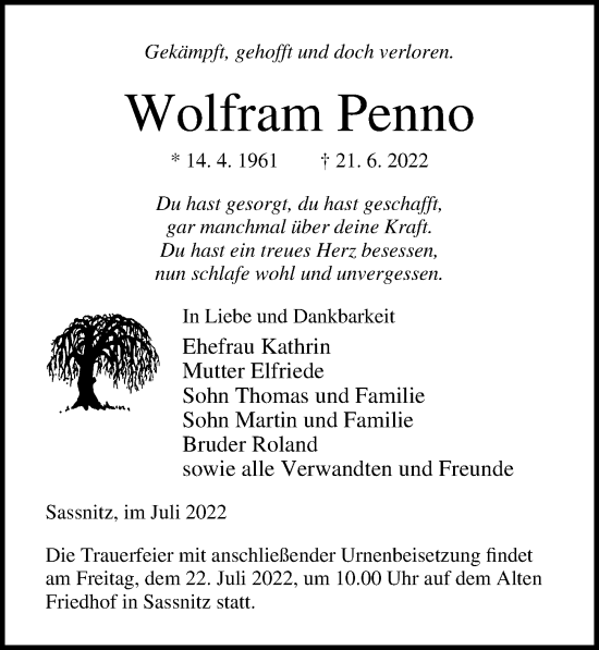 Traueranzeige von Wolfram Penno von Ostsee-Zeitung GmbH