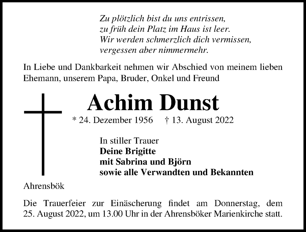  Traueranzeige für Achim Dunst vom 21.08.2022 aus Lübecker Nachrichten