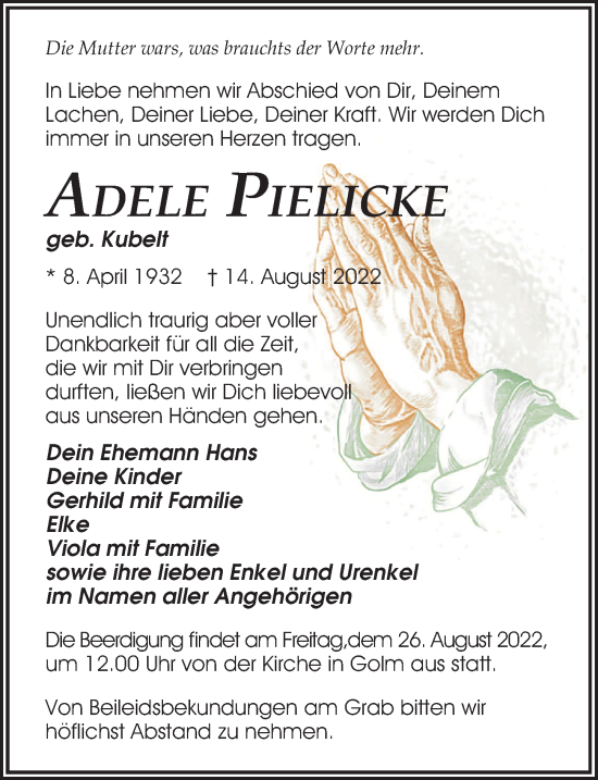 Traueranzeige von Adele Pielicke von Märkischen Allgemeine Zeitung