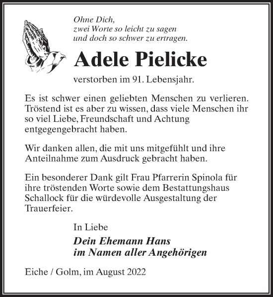 Traueranzeige von Adele Pielicke von Märkischen Allgemeine Zeitung