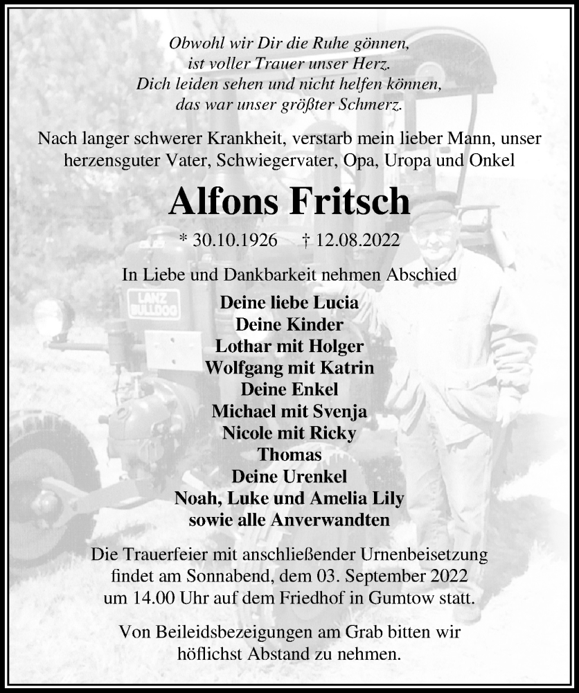  Traueranzeige für Alfons Fritsch vom 20.08.2022 aus Märkischen Allgemeine Zeitung