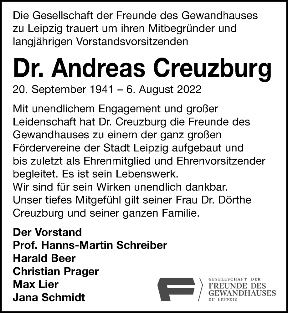  Traueranzeige für Andreas Creuzburg vom 13.08.2022 aus Leipziger Volkszeitung