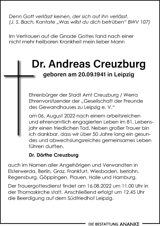 Traueranzeige von Andreas Creuzburg von Leipziger Volkszeitung