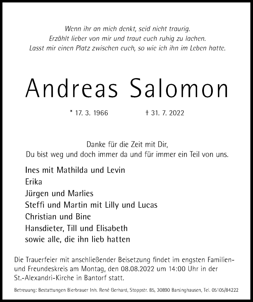  Traueranzeige für Andreas Salomon vom 06.08.2022 aus Hannoversche Allgemeine Zeitung/Neue Presse