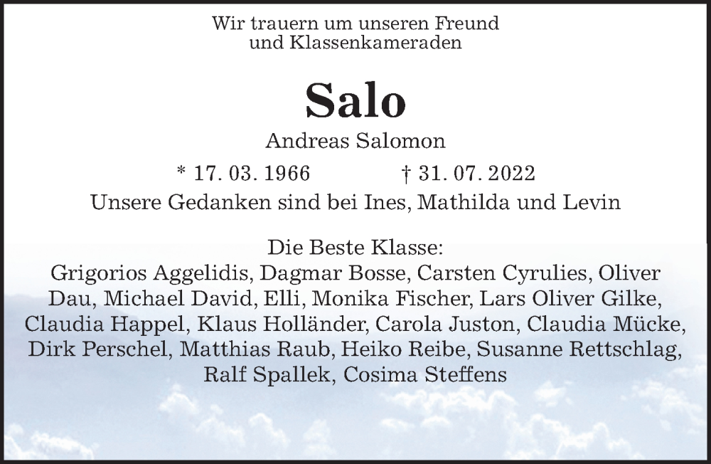  Traueranzeige für Andreas Salomon vom 06.08.2022 aus Hannoversche Allgemeine Zeitung/Neue Presse