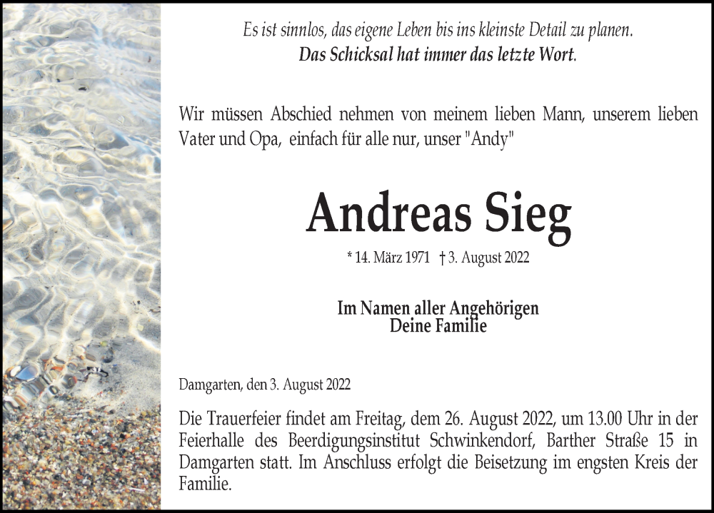  Traueranzeige für Andreas Sieg vom 13.08.2022 aus Ostsee-Zeitung GmbH