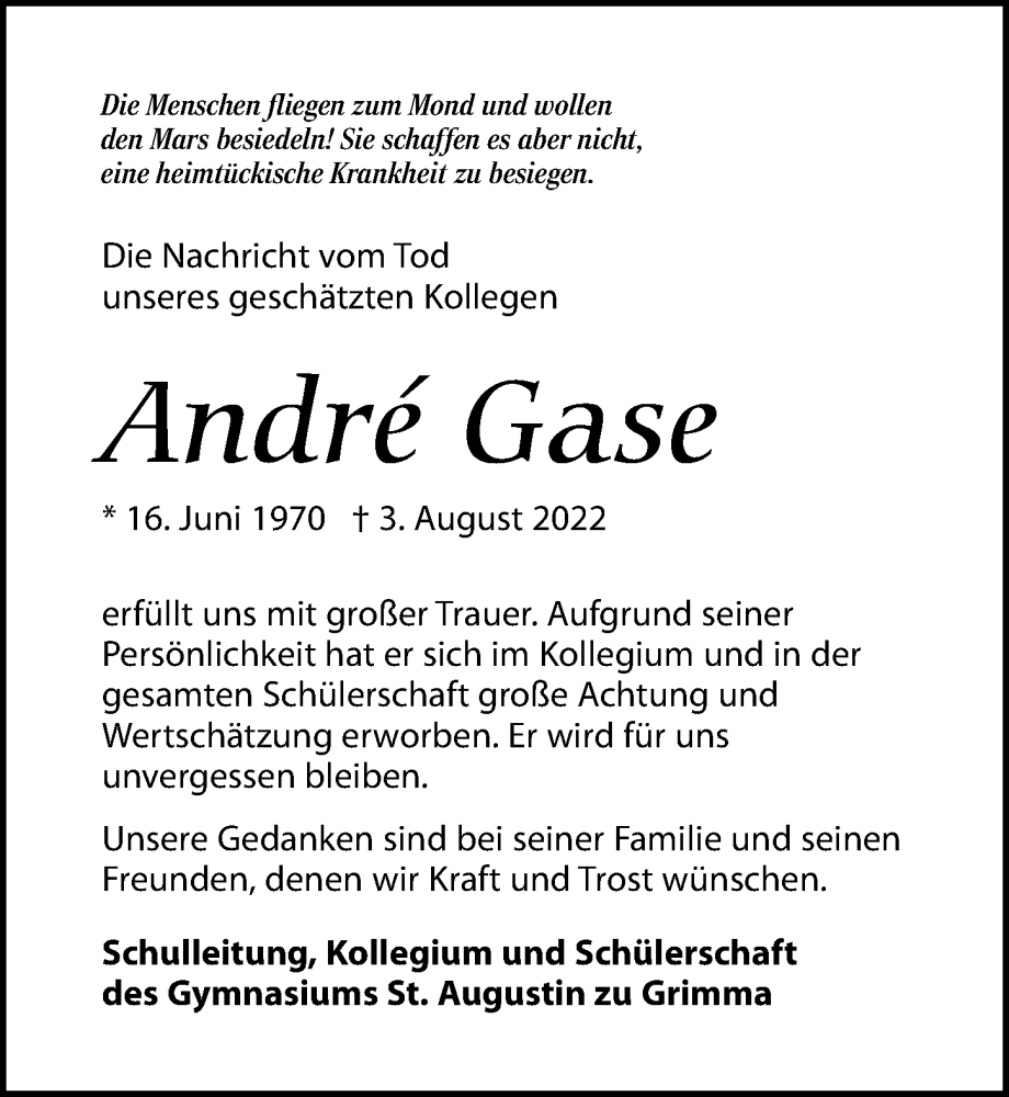  Traueranzeige für André Gase vom 27.08.2022 aus Leipziger Volkszeitung