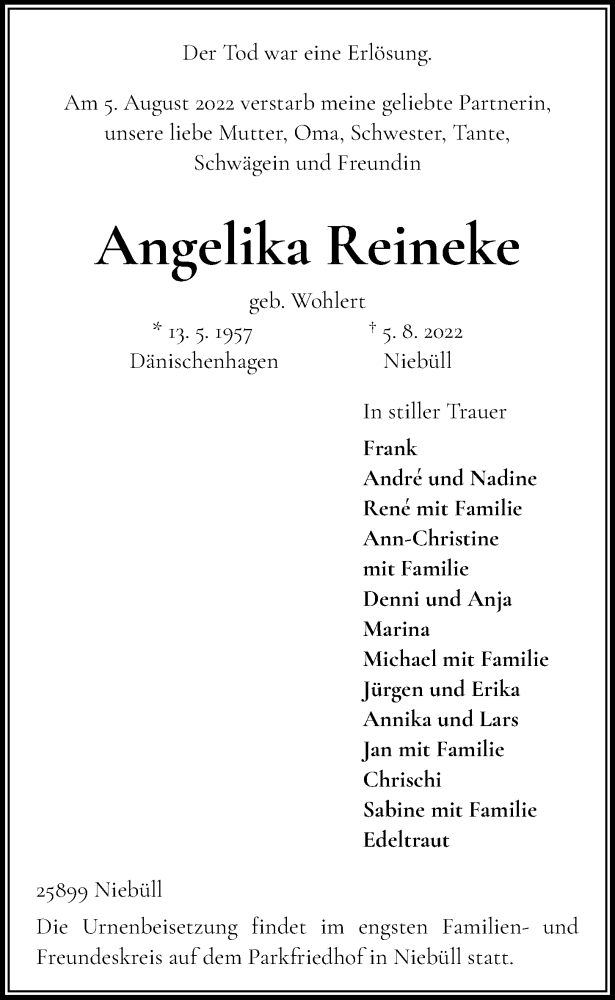  Traueranzeige für Angelika Reineke vom 13.08.2022 aus Kieler Nachrichten