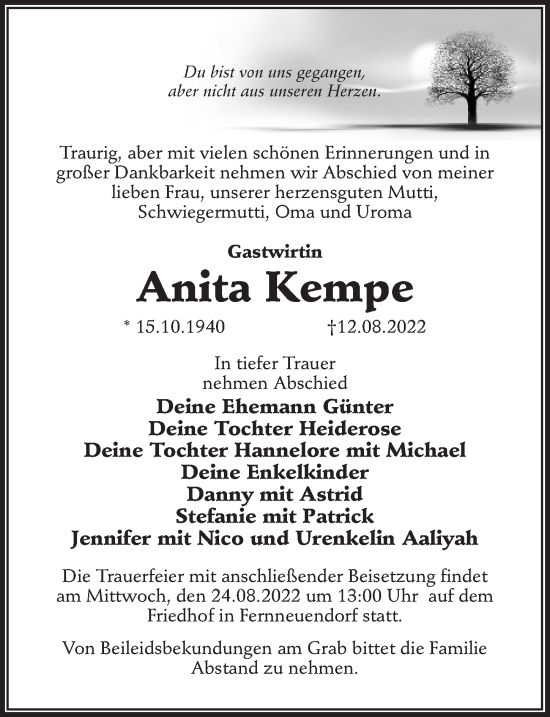 Traueranzeige von Anita Kempe von Märkischen Allgemeine Zeitung