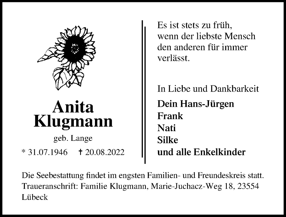 Traueranzeige für Anita Klugmann vom 28.08.2022 aus Lübecker Nachrichten