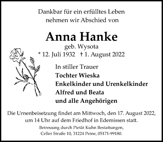 Traueranzeige von Anna Hanke von Peiner Allgemeine Zeitung