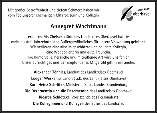 Traueranzeige von Annegret Wachtmann von Märkischen Allgemeine Zeitung