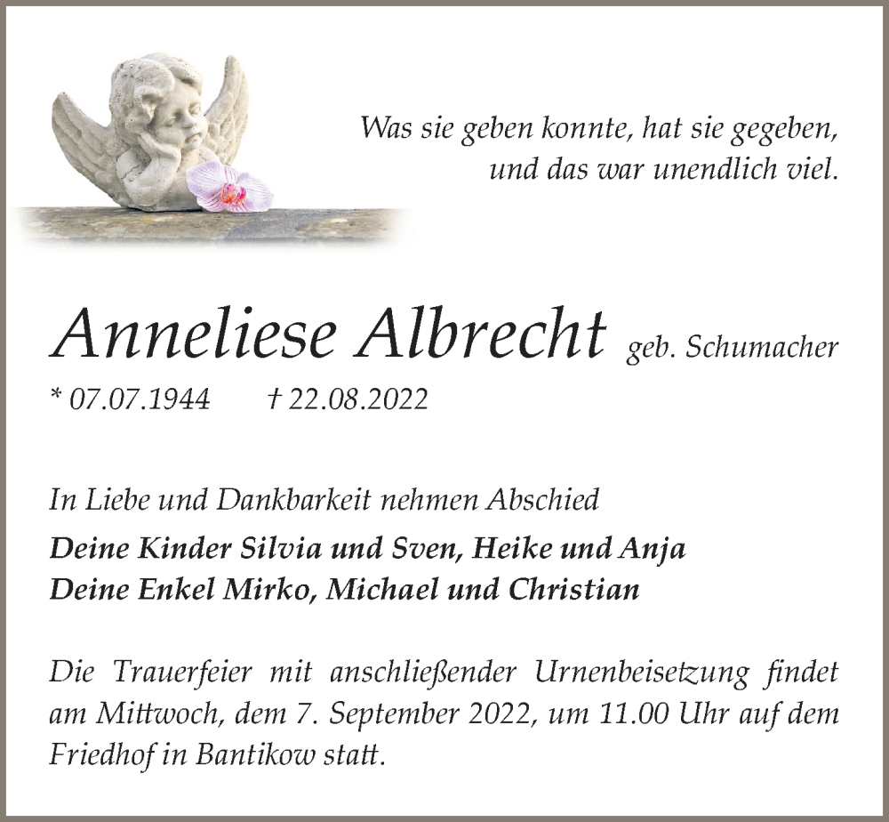  Traueranzeige für Anneliese Albrecht vom 27.08.2022 aus Märkischen Allgemeine Zeitung