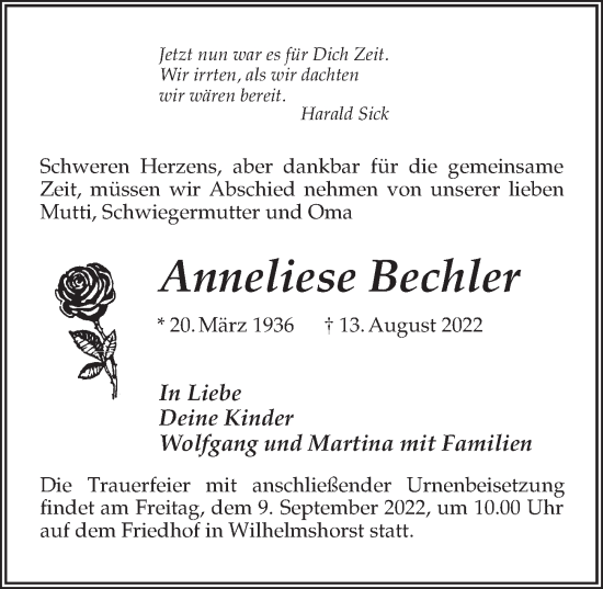 Traueranzeige von Anneliese Bechler von Märkischen Allgemeine Zeitung