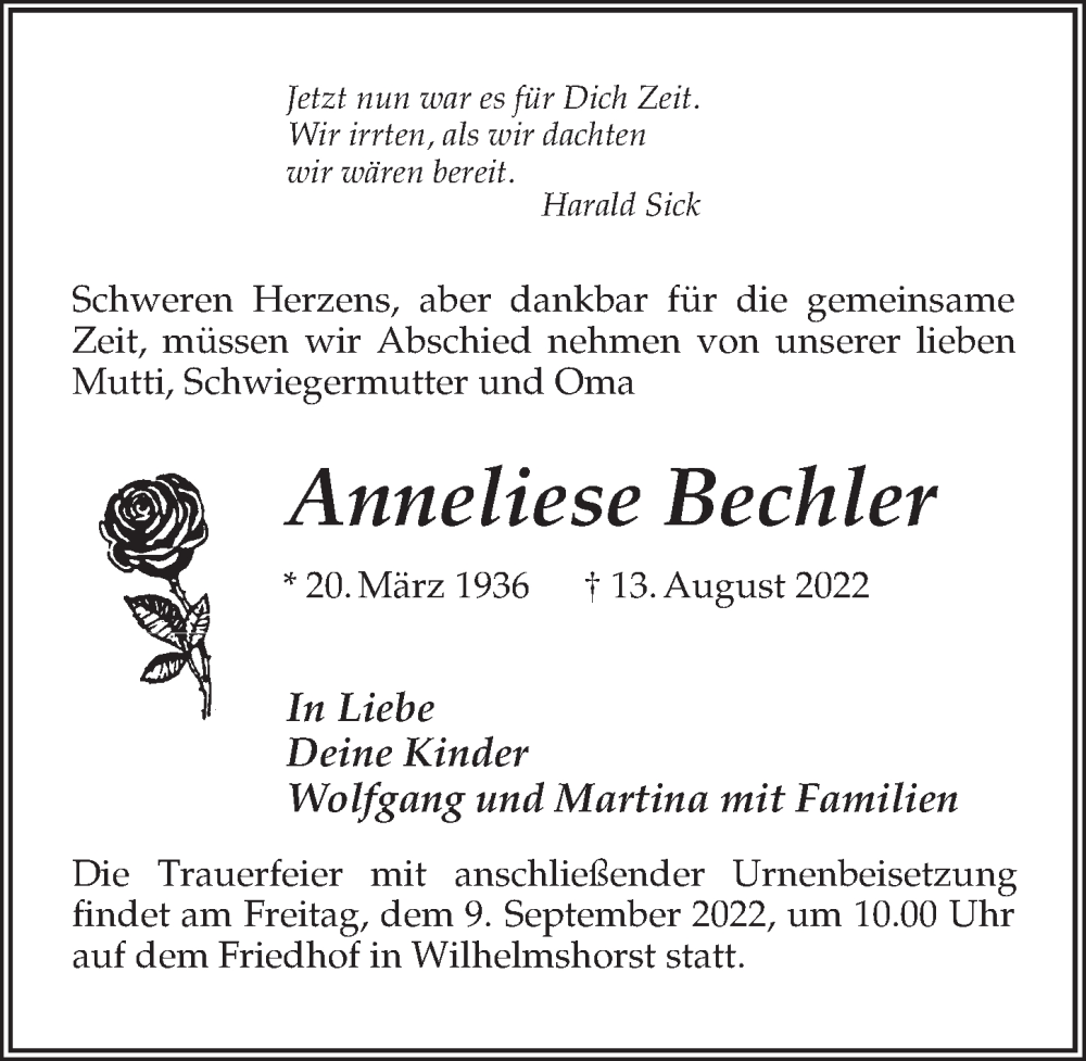  Traueranzeige für Anneliese Bechler vom 20.08.2022 aus Märkischen Allgemeine Zeitung